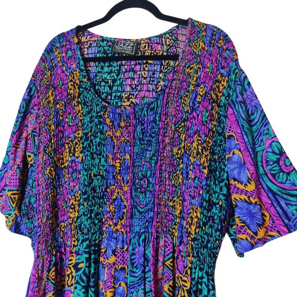 Vtg 90s More Jazz Colorful Abstract Artsy Smocked Tie Back Kaftan Midi Dress 3X - Picture 3 of 8